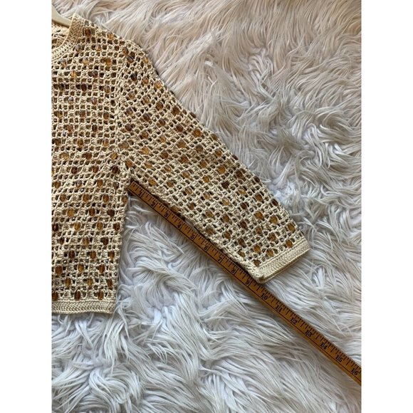 Vtg Y2K Cottage Core Ecru Crochet Gem Beaded Open shrug Cardigan Broach Clasp - Picture 10 of 10